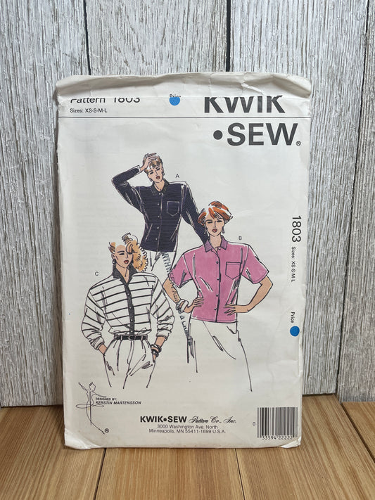 Kwik Sew 1803 Button Up Blouse with Pocket and Room for Shoulder Pads Pattern Size XS-L UNCUT FF Sealed