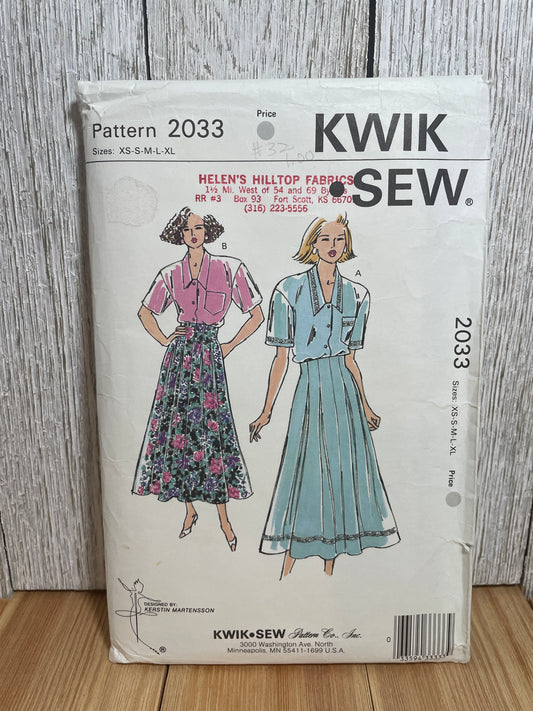 Kwik Sew 2033 Loose Fit Button Up Blouse and Pullover Pleated Skirt Pattern Size XS-XL UNCUT FF