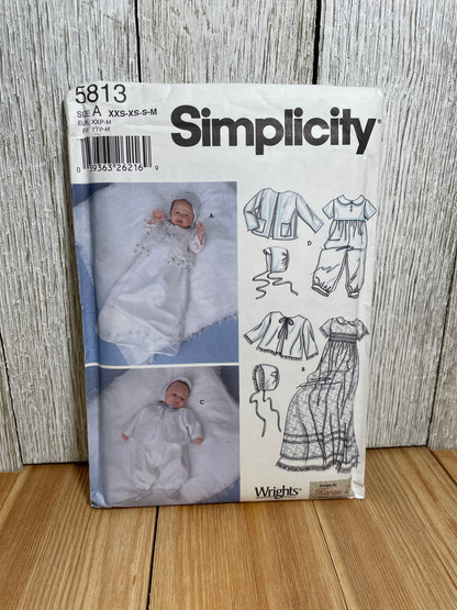 Simplicity 5813 Baby Christening Gown Slip Romper Jacket and Bonnet Size XXS-M Pattern Uncut FF