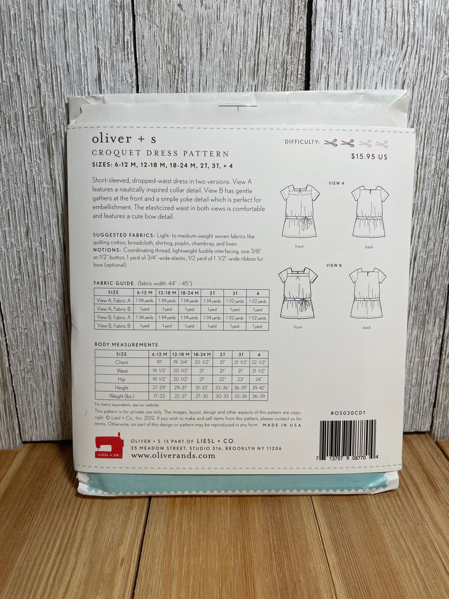 Oliver + S Girls Child Dress and Shorts Physical Pattern (U PIC Pattern) UNCUT FACTORY FOLDED Oliver and S