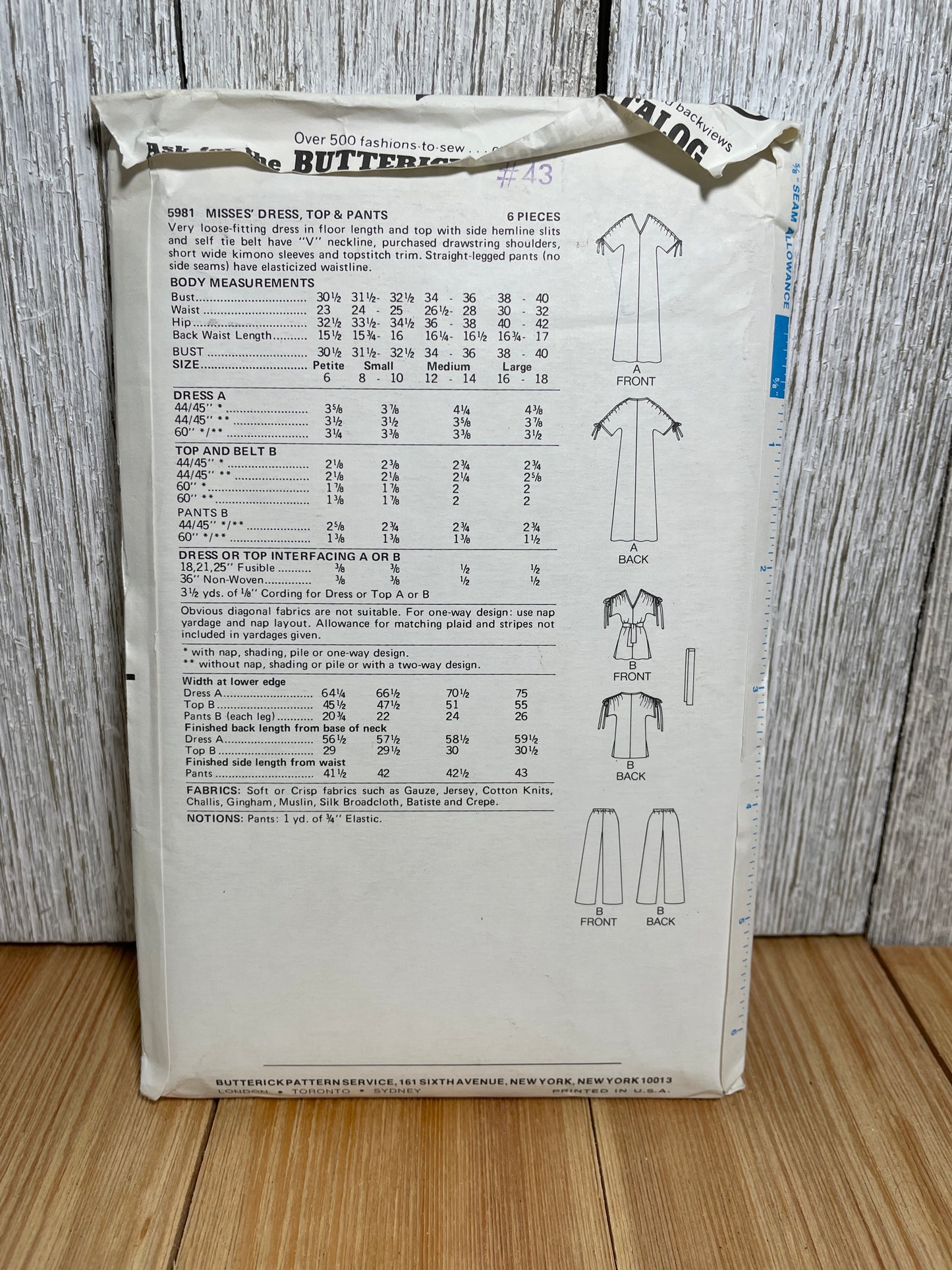 Butterick 5981 Gathered Drawstring Sleeved Dress Top and Elastic Paints Size Small (8-10) Pattern Uncut FF