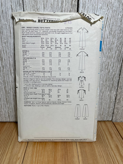 Butterick 5981 Gathered Drawstring Sleeved Dress Top and Elastic Paints Size Small (8-10) Pattern Uncut FF