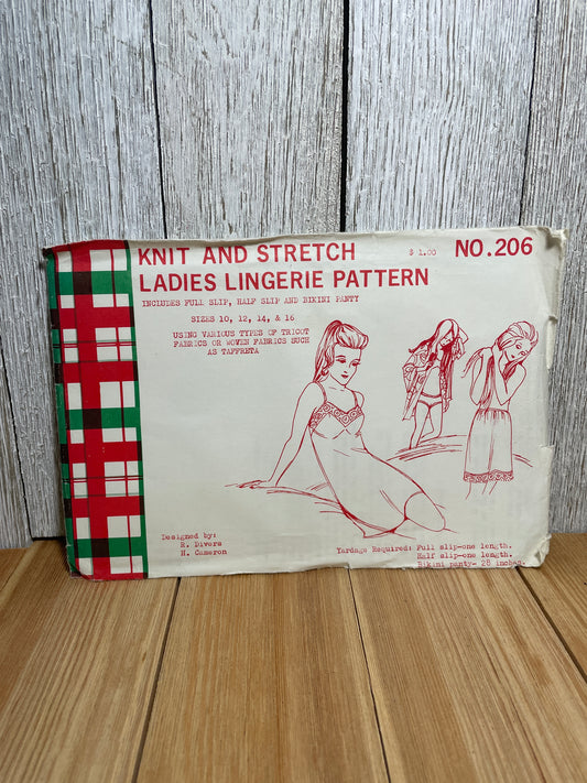 Knit and Stretch Ladies Lingerie Pattern No. 206 Full Slip, Half Slip, Bikini Panty Size 10-16 UNCUT FF