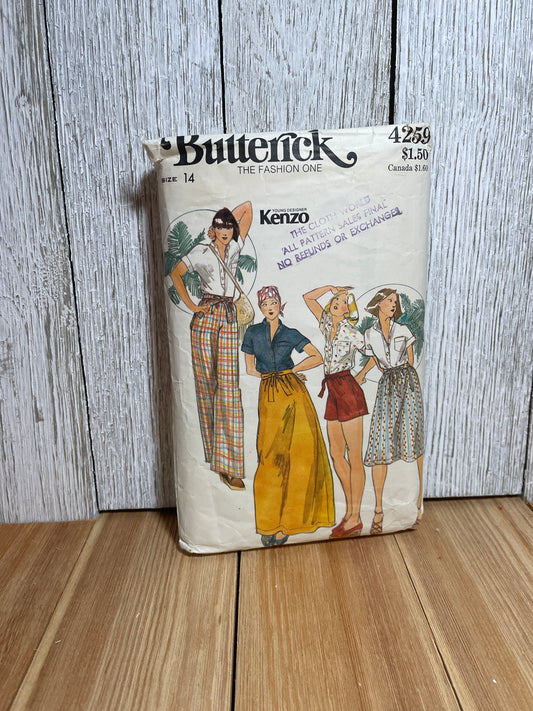 Butterick 4259 Tie Skirt, Panks, Shorts, Shirt Pattern Size 14 PreCUT Complete