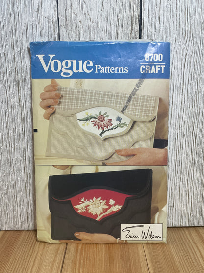 Vogue Craft 8700 Erica Wilson Clutch Bag with Embroidery Pattern Cross Stitch or Crew Embroidery UNCUT FF