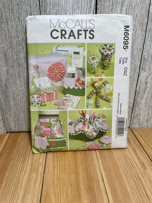 McCalls Crafts M6095 Sewing Machine Cover, Apron, Pattern Boxes, Container, Organizer, Pin Cushion, and Button Doll Pattern UNCUT FF
