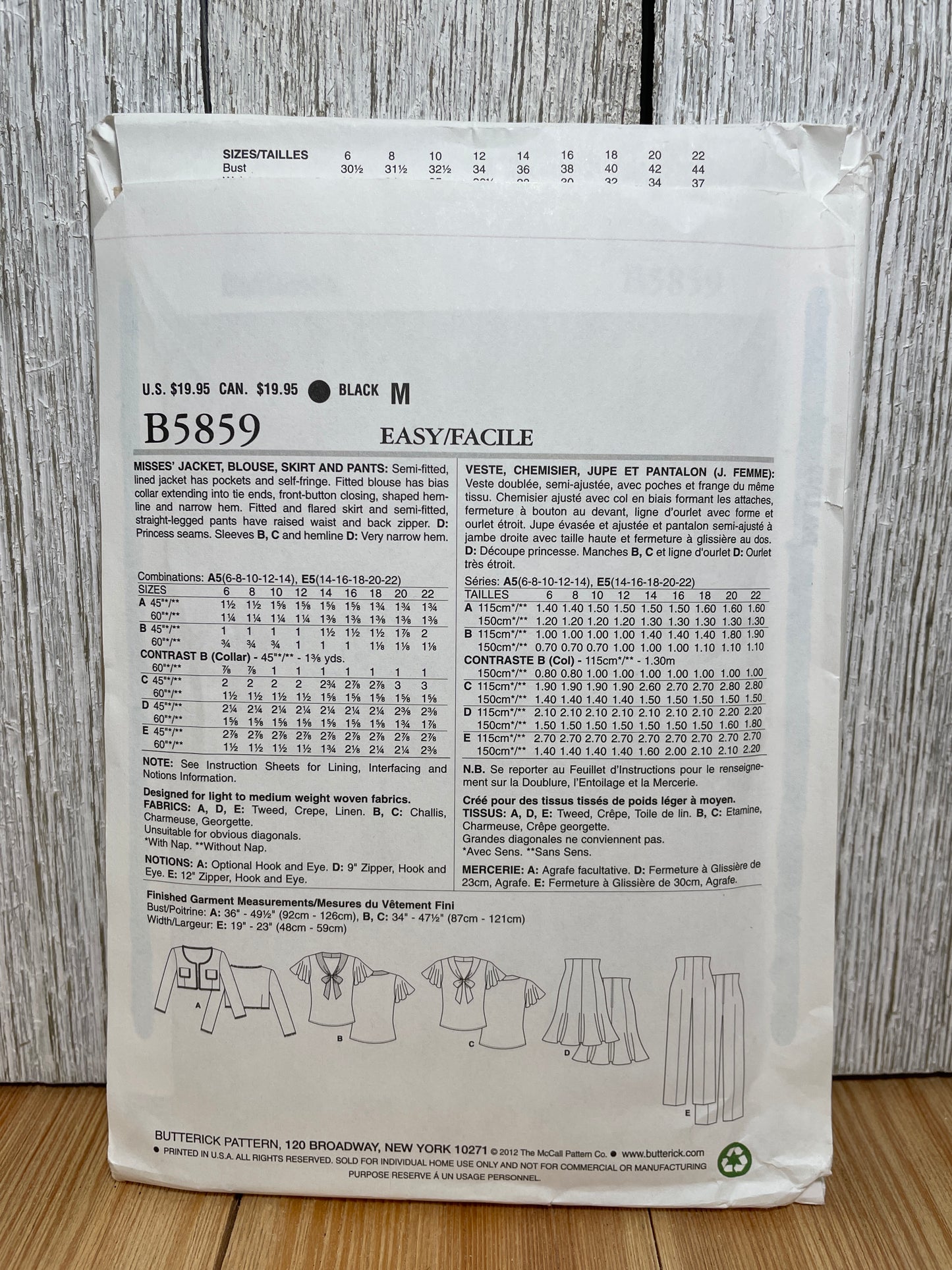 Butterick B5859 Easy Retro Style Cropped Jacket Blouse Skirt Flared High Waisted Pants Pattern Size 14-22 UNCUT FF