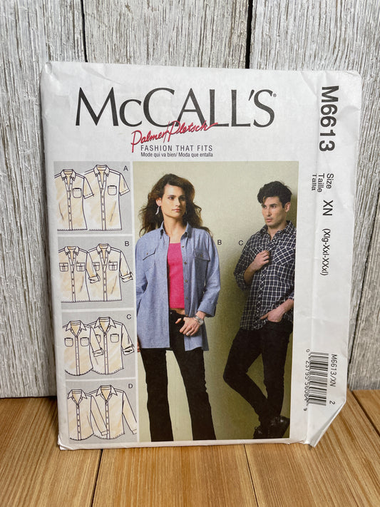 McCall's M6613 Button Up/ Down Shirt with Pocket Men and Womens Size Xlg-XXxl Pattern Uncut FF
