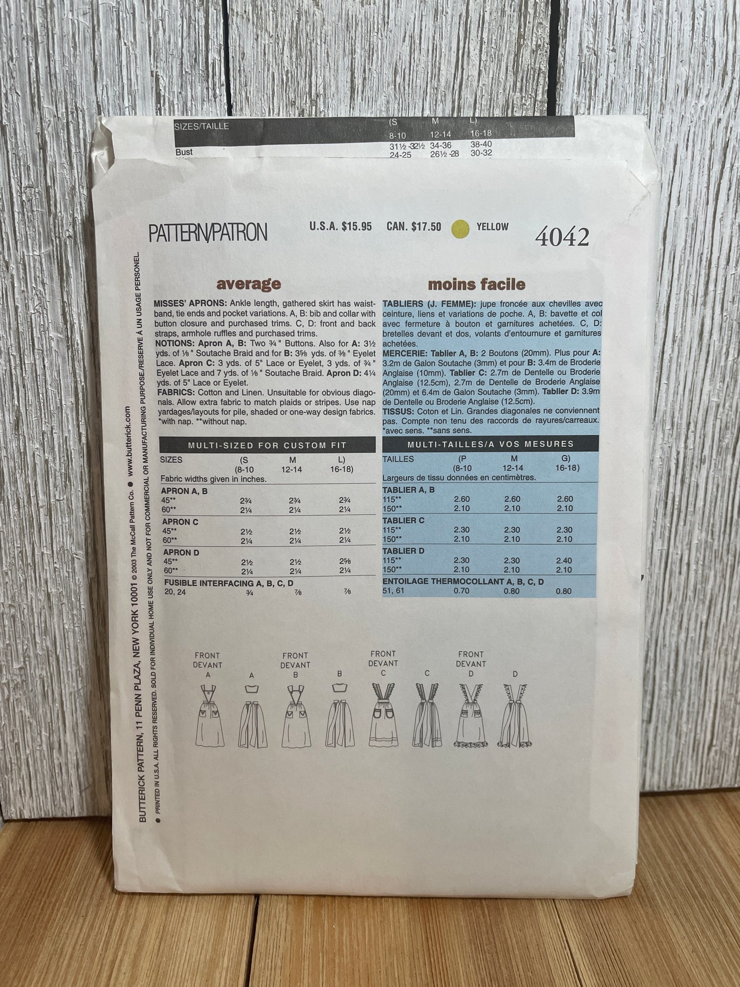 Butterick 4042 Making History Historical Apron in Four Styles Pattern Size S-L UNCUT FF