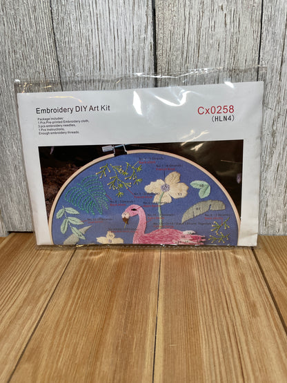 Embroidery Kit Pink Flamingo and Flowers On Blue Fabric