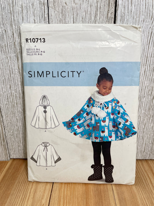 Simplicity R10713 Kids Pancho/ Cape with Hood Size S-L Pattern Uncut FF