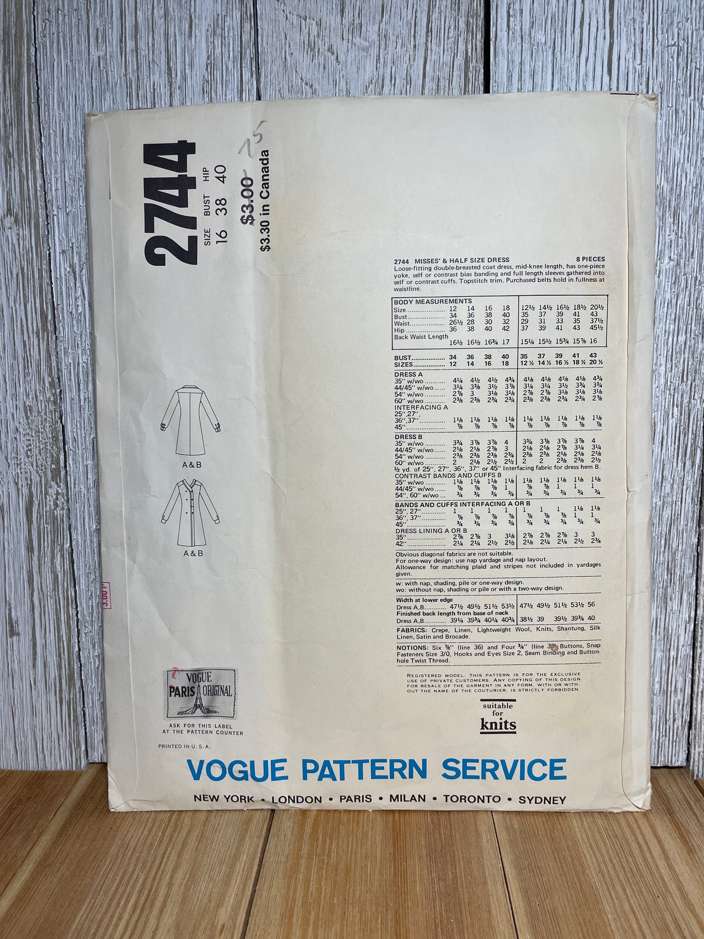 Vogue 2744 Double-breasted Coat Button Closers Warp Jacket Size 16 Pattern UNCUT FF