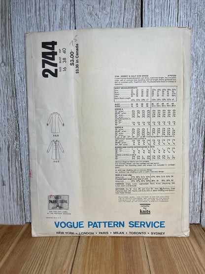 Vogue 2744 Double-breasted Coat Button Closers Warp Jacket Size 16 Pattern UNCUT FF