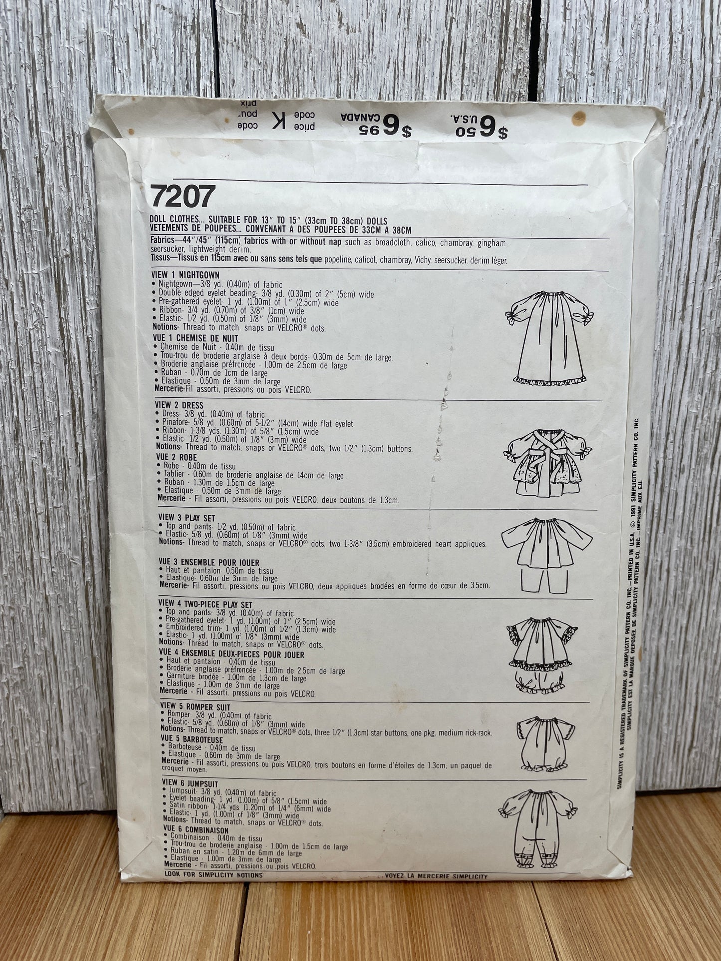 Simplicity 7207 Doll Clothes for 13"-15" Baby Dolls Nightgown, Dress, Play Set, Romper, Jumpsuit Pattern UNCUT FF