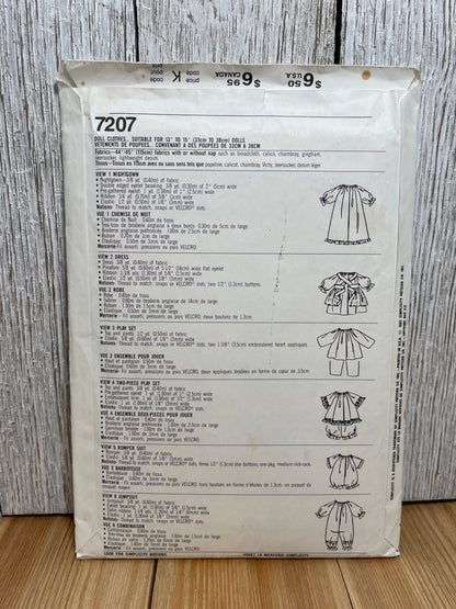 Simplicity 7207 Doll Clothes for 13"-15" Baby Dolls Nightgown, Dress, Play Set, Romper, Jumpsuit Pattern UNCUT FF