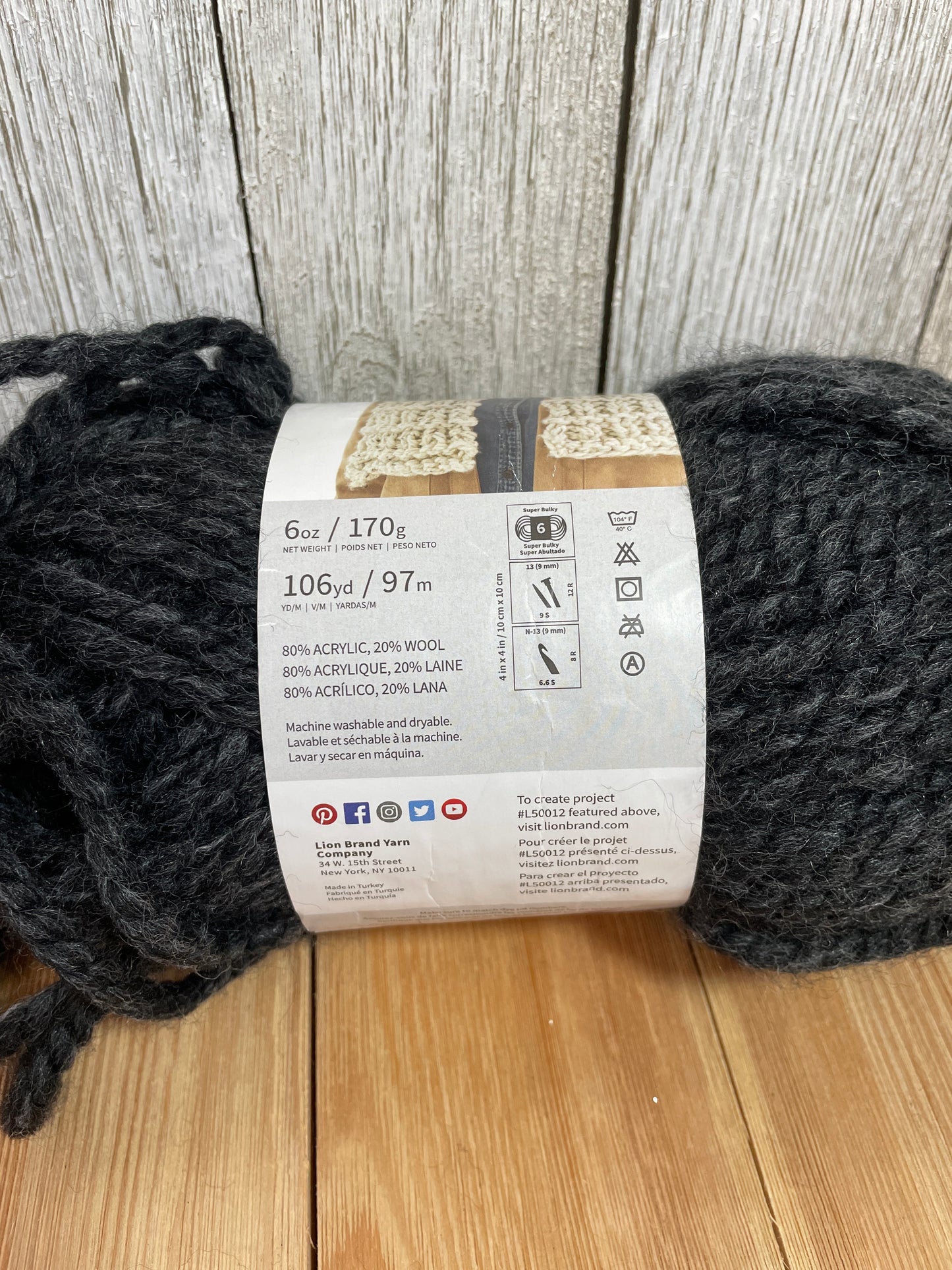 Lion Brand Yarn Wool Ease Thick and Quick Charcoal Full skein