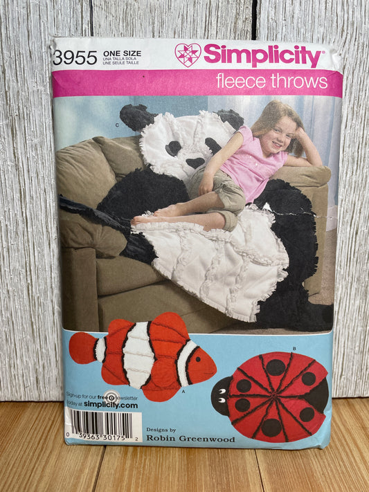 Simplicity 3955 Fleece Throws Panda, Clown Fish, Lady Bug Blanket Pattern UNCUT FF