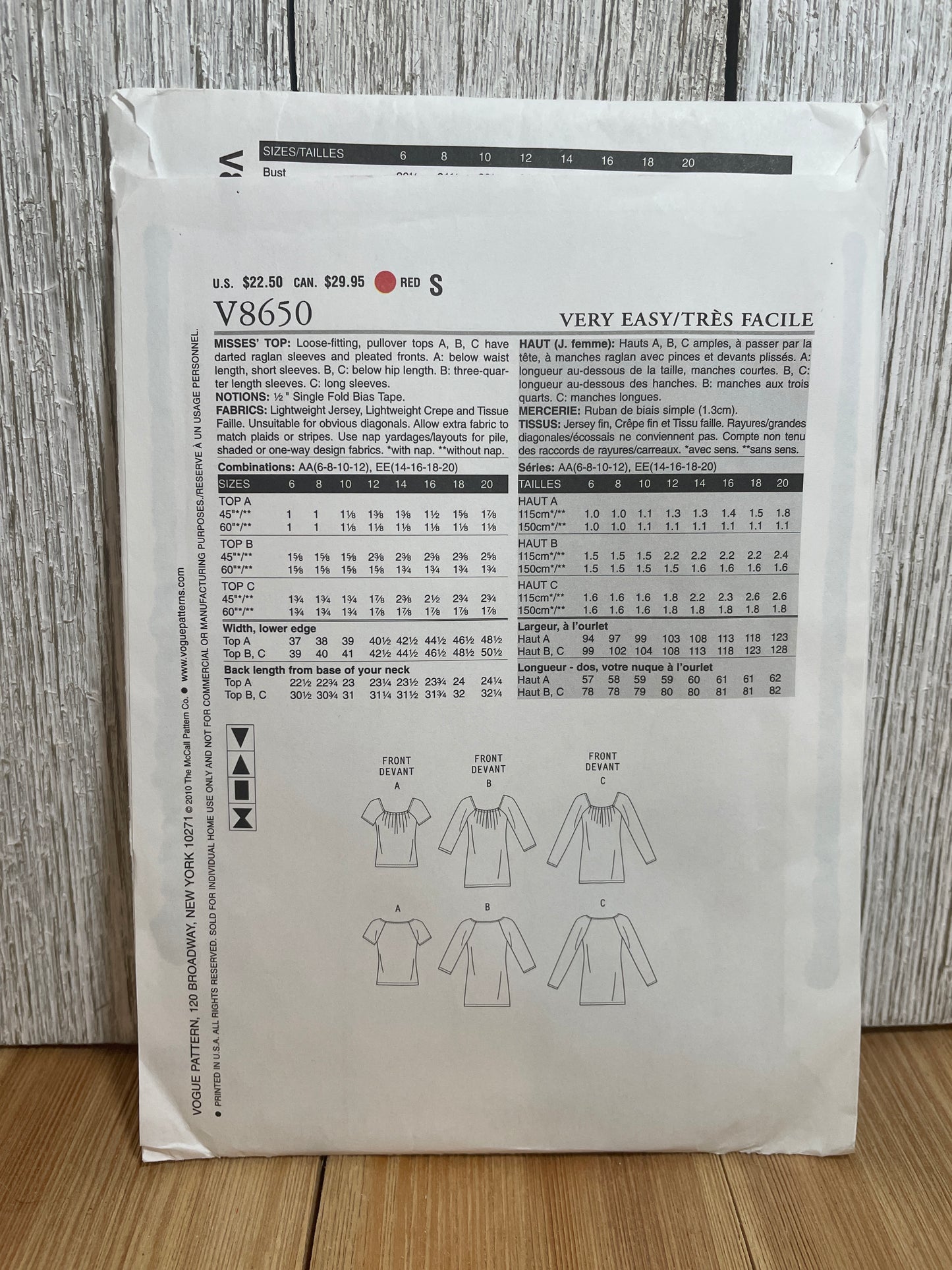 Very Easy Very Vogue V8650 Pleated Front Square Neck Blouse with Two Sleeve Lengths Pattern Size 14-20 UNCUT FF