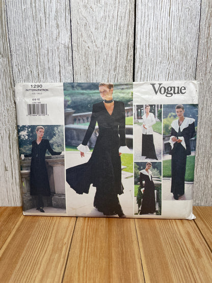 Vogue 1290 Long Sleeve Dress, Fitted V Neck Jacket, Floor Length Skirt Size 6-10 Pattern UNCUT FF