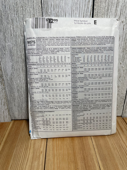 McCall's 9075 Misses Button Up Jacket Dress Pants Size 12-16 Uncut FF Sewing Pattern