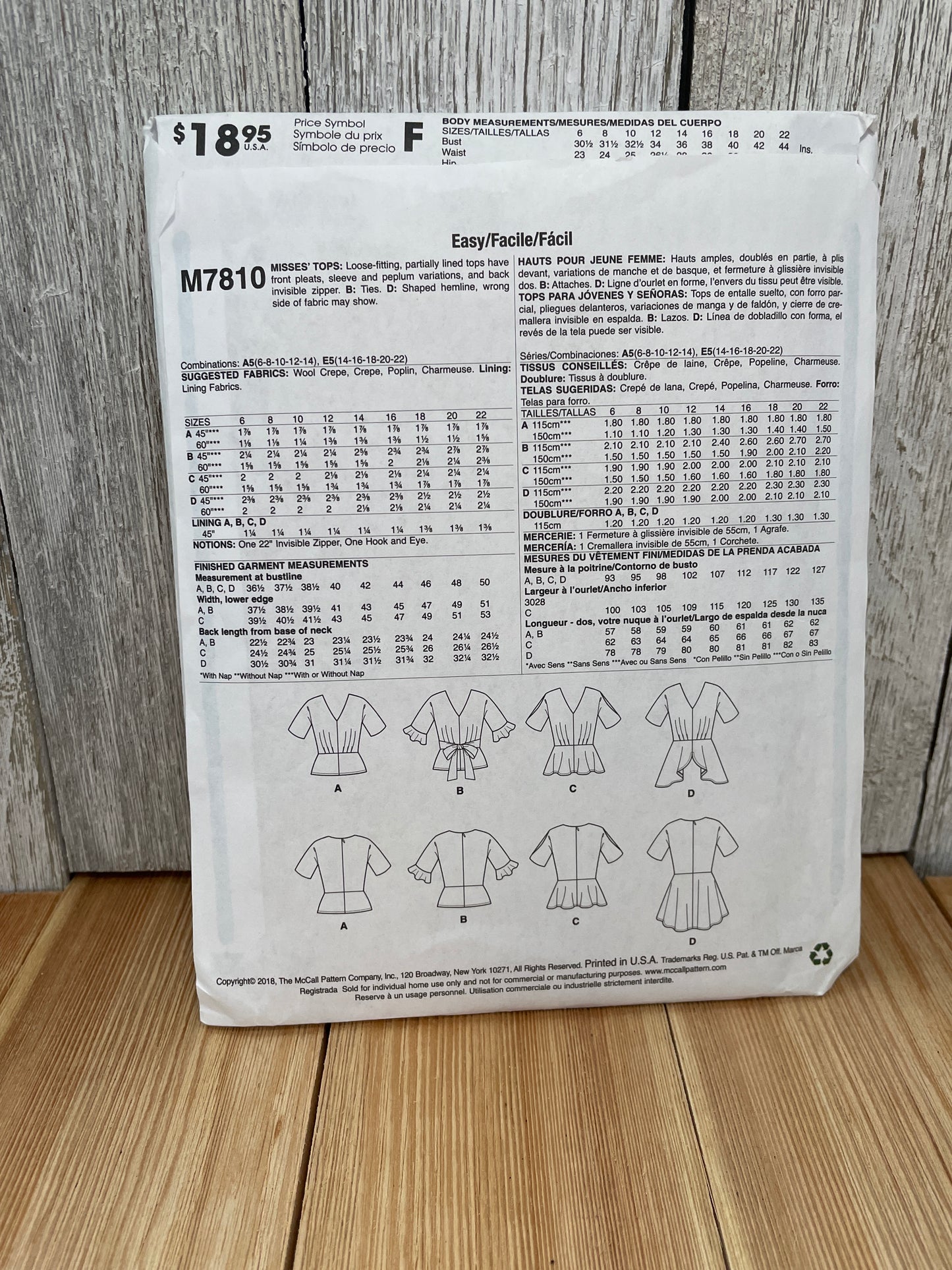 McCall's M7810 Misses High Low V Line Top Size 6-14 Uncut FF Sewing Pattern