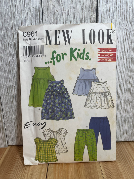 New Look 6961 For Kids Summer Dress in Two Lengths Ruffle Neck Shirt and Stretch Pants Pattern Size 1/2-4 UNCUT FF