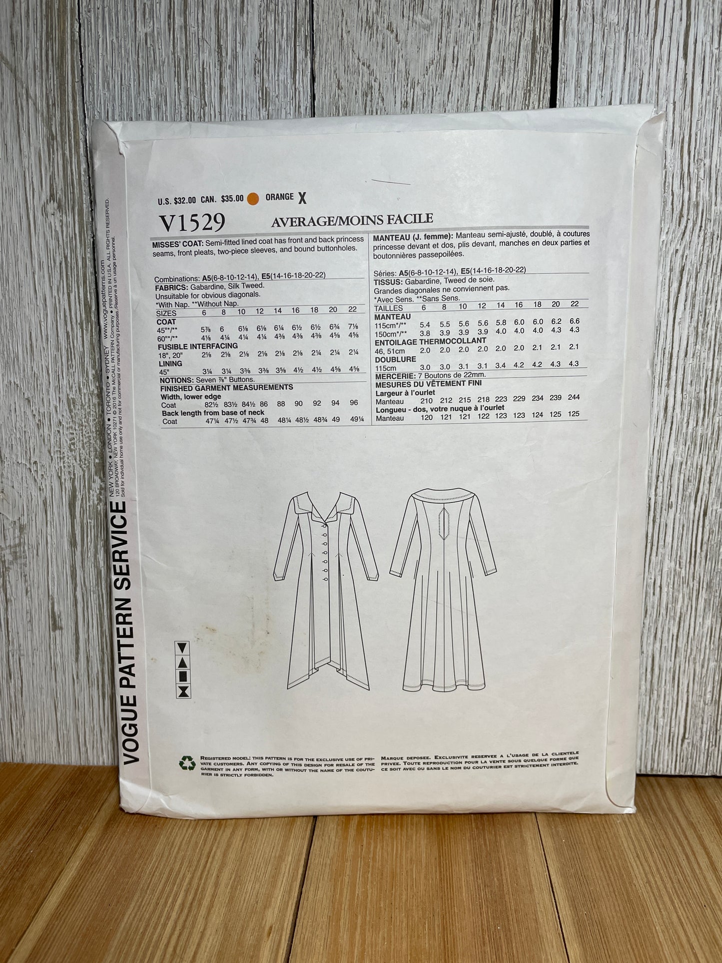 Vogue V1529 Wide Yoke Coat Button-Up Princess Seams Winter Jacket Size 14-22 Pattern UNCUT FF