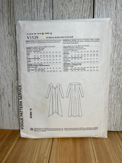 Vogue V1529 Wide Yoke Coat Button-Up Princess Seams Winter Jacket Size 14-22 Pattern UNCUT FF