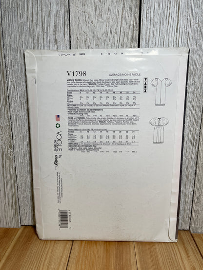 Vogue V1798 V-neck Loose Pullover Dress with Slit Size 8-16 Pattern UNCUT FF