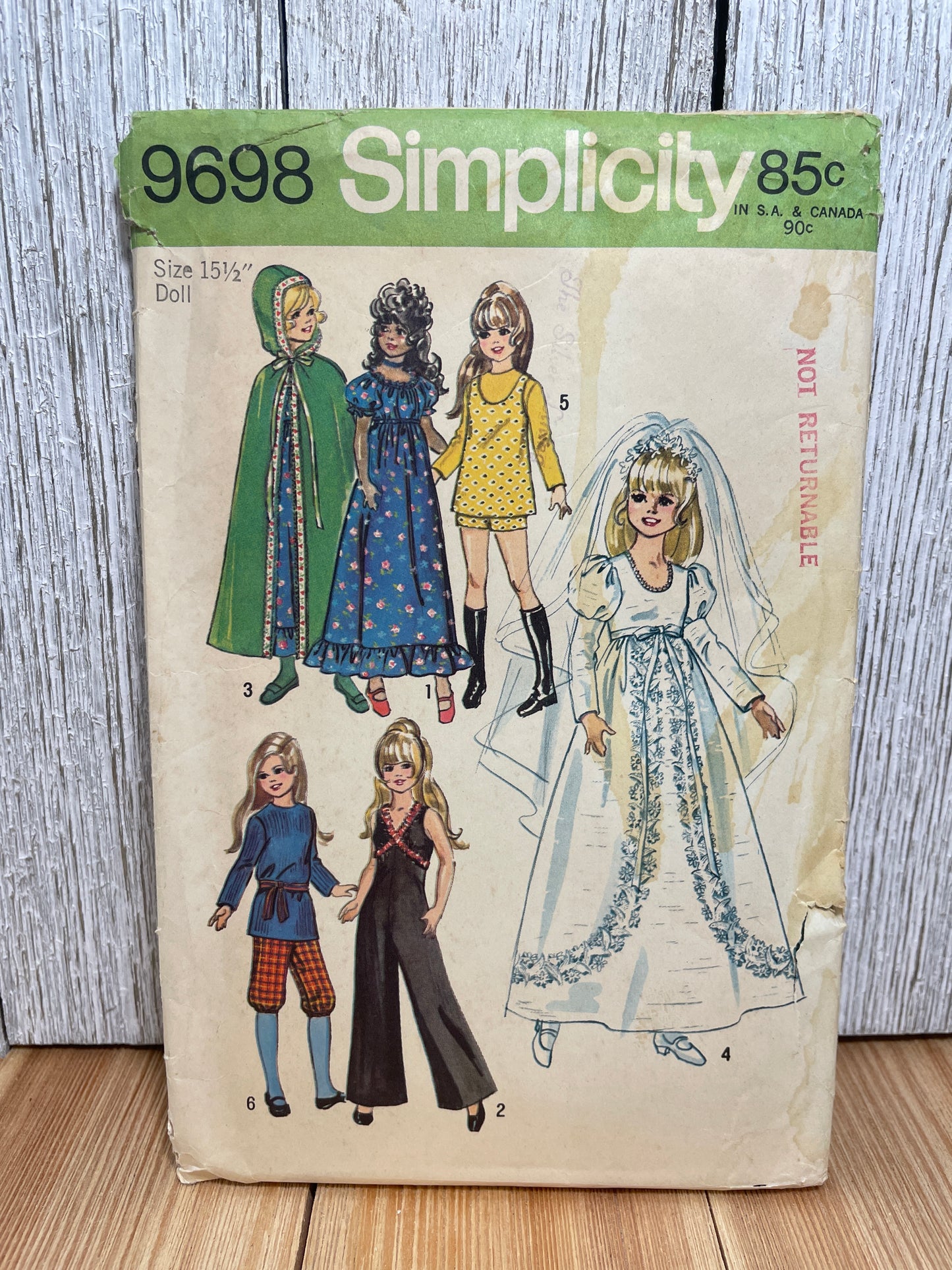 Simplicity 9698 15.5" Doll Clothes Wedding Dress, Jumpsuit, Cape, Blouse, Knickers Pattern UNCUT FF