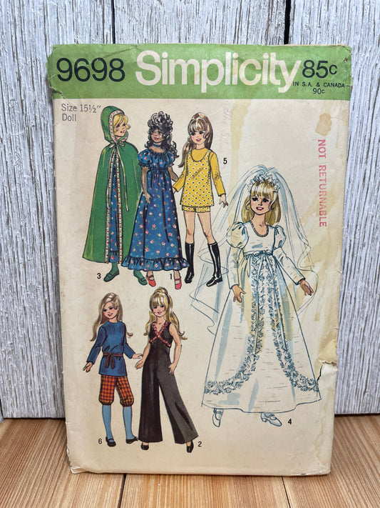 Simplicity 9698 15.5" Doll Clothes Wedding Dress, Jumpsuit, Cape, Blouse, Knickers Pattern UNCUT FF