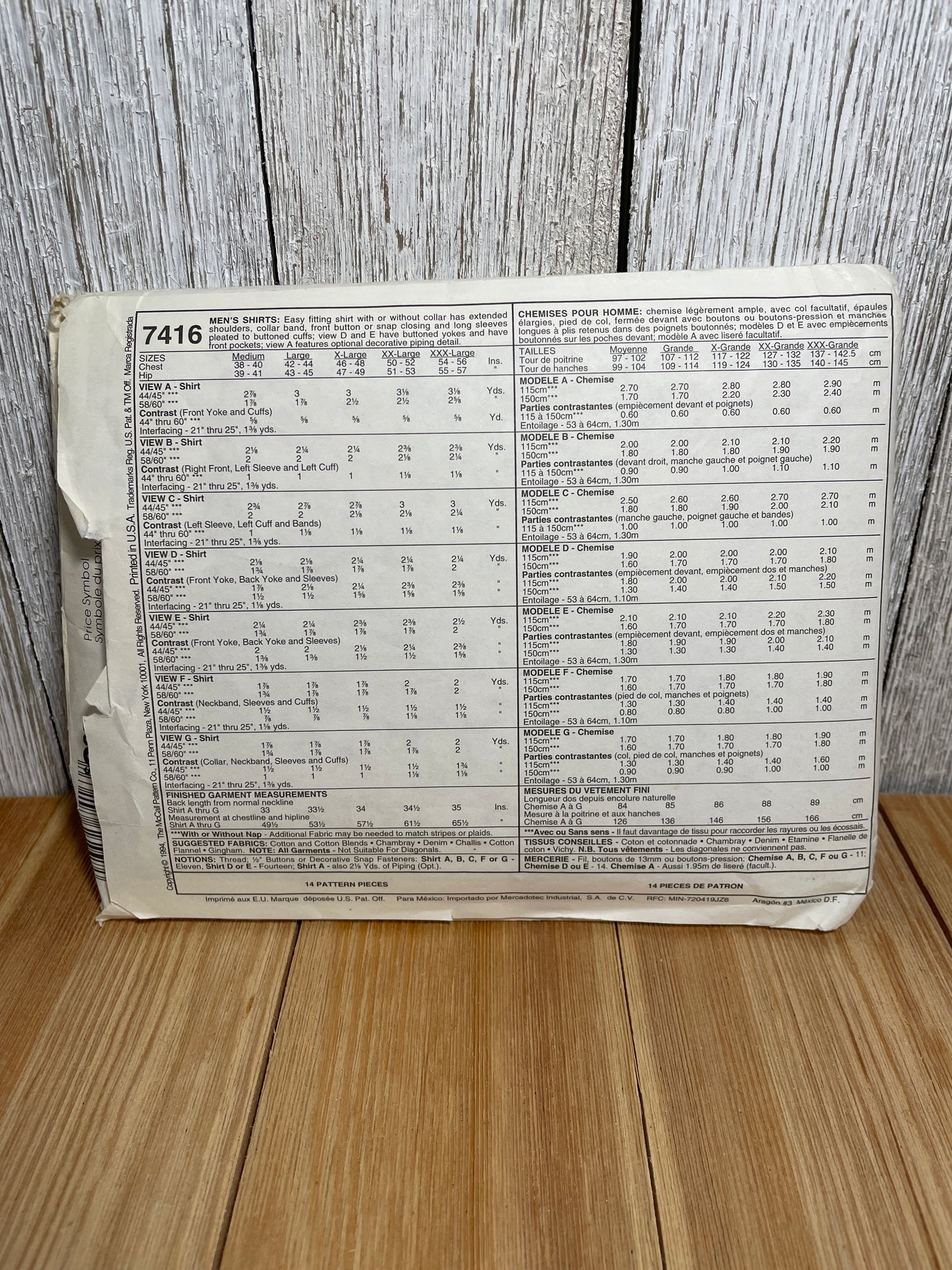 McCall's 7416 Cowboy Country Shirt Men's Size 46-48 Pattern Uncut FF