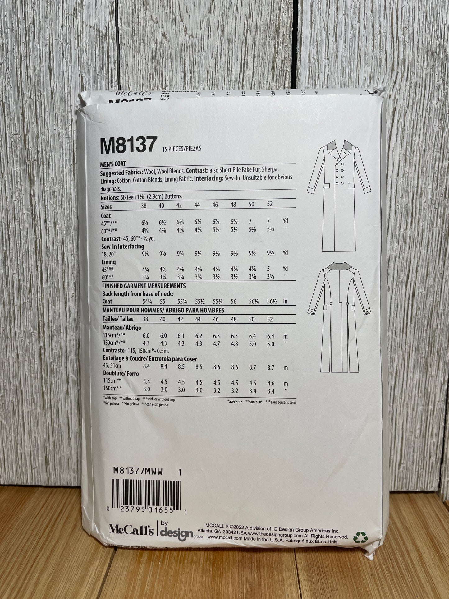 McCall's M8137 Men's Double Breasted Coat Costume Pattern Size 38-44 UNCUT FF