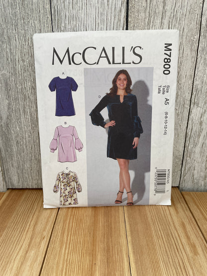 McCall's M7800 Misses Pullover Loose Fit Dress with Trumpet Sleeves Size 6-14 Uncut FF Sewing Pattern