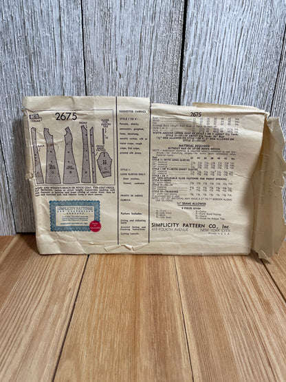 Simplicity 2675 1930's Beach House Dress WWII Size 32 Bust 35 Hip Original Pattern