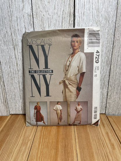 McCall's 4729 Buttoned Bodice Dress Wrap Style Skirt Dress Size 10 Pattern Uncut FF