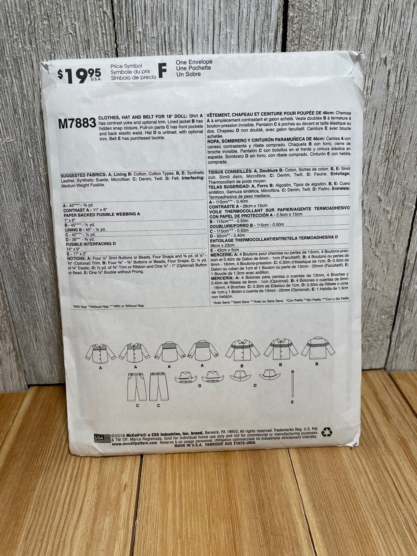 McCalls Crafts M7883 Western 18" Doll Clothes One Size Pattern UNCUT FF