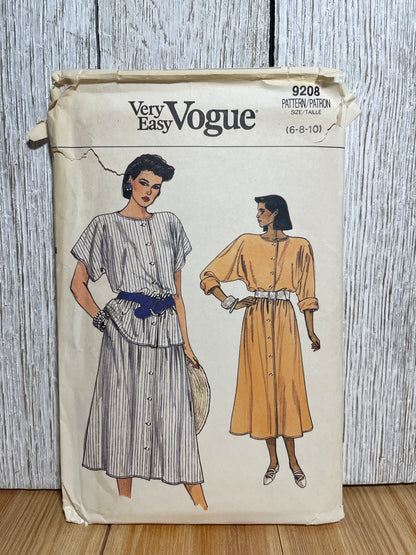 Vogue 9208 Lose Fit Button Up Dress Top and Skirt Size 6-10 Pattern UNCUT FF