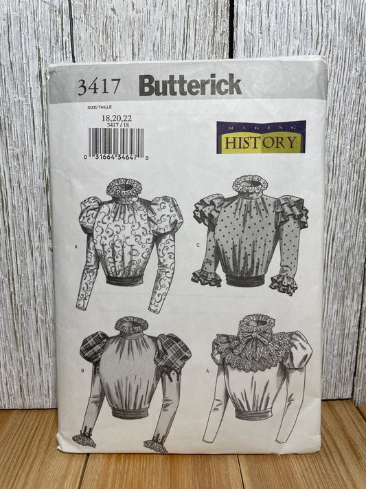 Butterick P208 3417 Historical Blouse, Sash, Detachable Collar Pattern Costume Size 12-22 UNCUT FF Halloween
