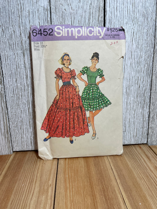 Simplicity 6452 Tiered Prairie Dress Pattern Size 10 Uncut FF