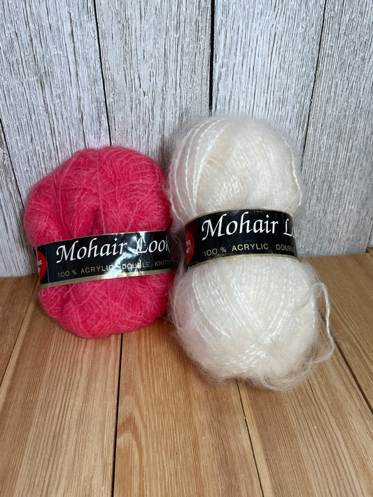 Sheena Anne Mohair Look White and Pink 2 Skein Bundle