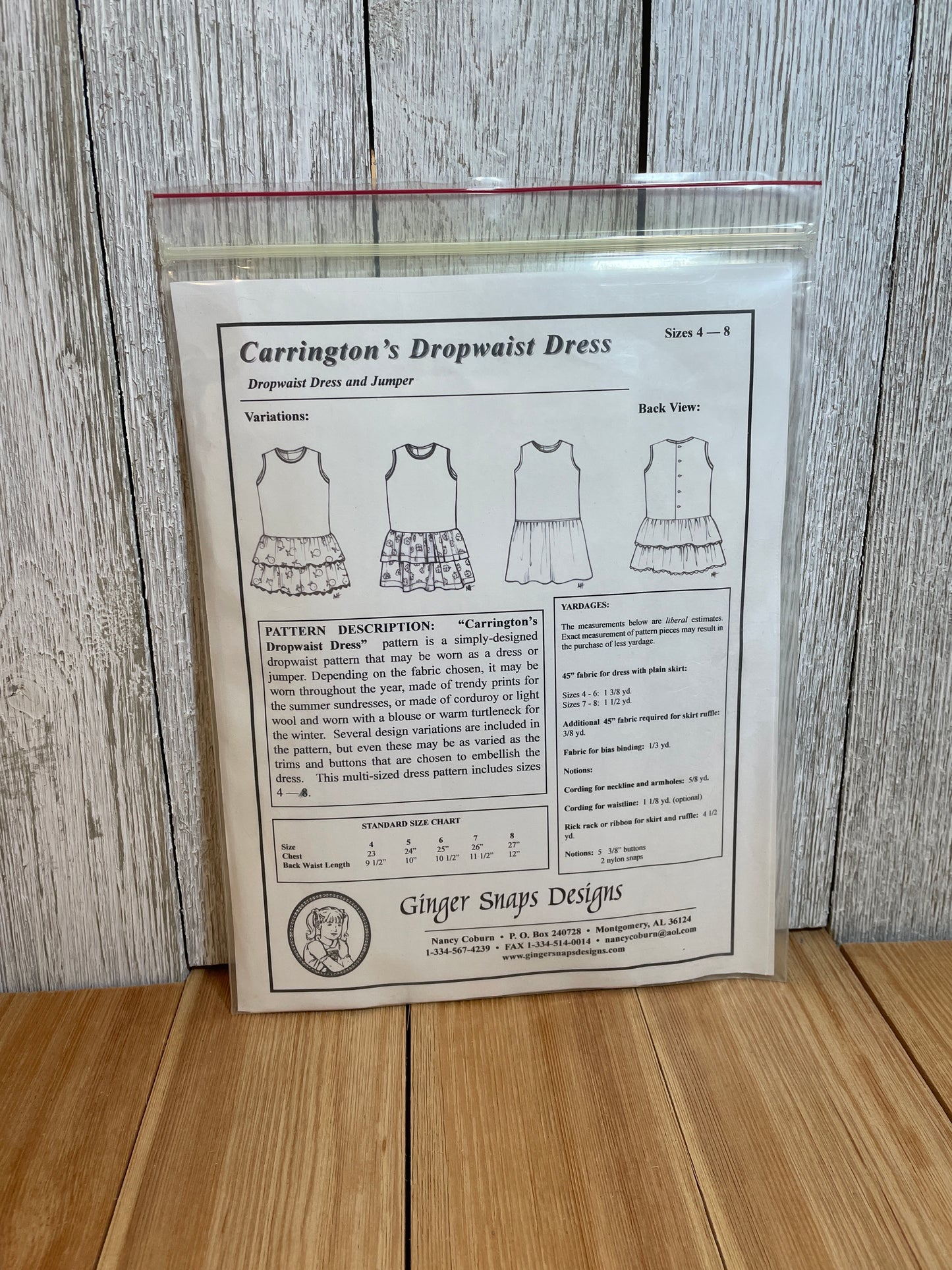 Ginger Snaps Designs Carrington's Drop Waist Dress Size 4-8 Pattern