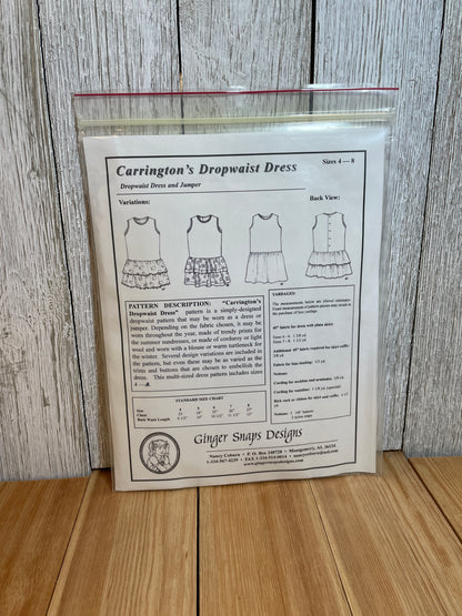 Ginger Snaps Designs Carrington's Drop Waist Dress Size 4-8 Pattern