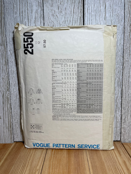 Vogue 2550 Shoulder Pads Jacket, Bow Tied Shirt, Pleated Skirt Size 12 Pattern UNCUT FF