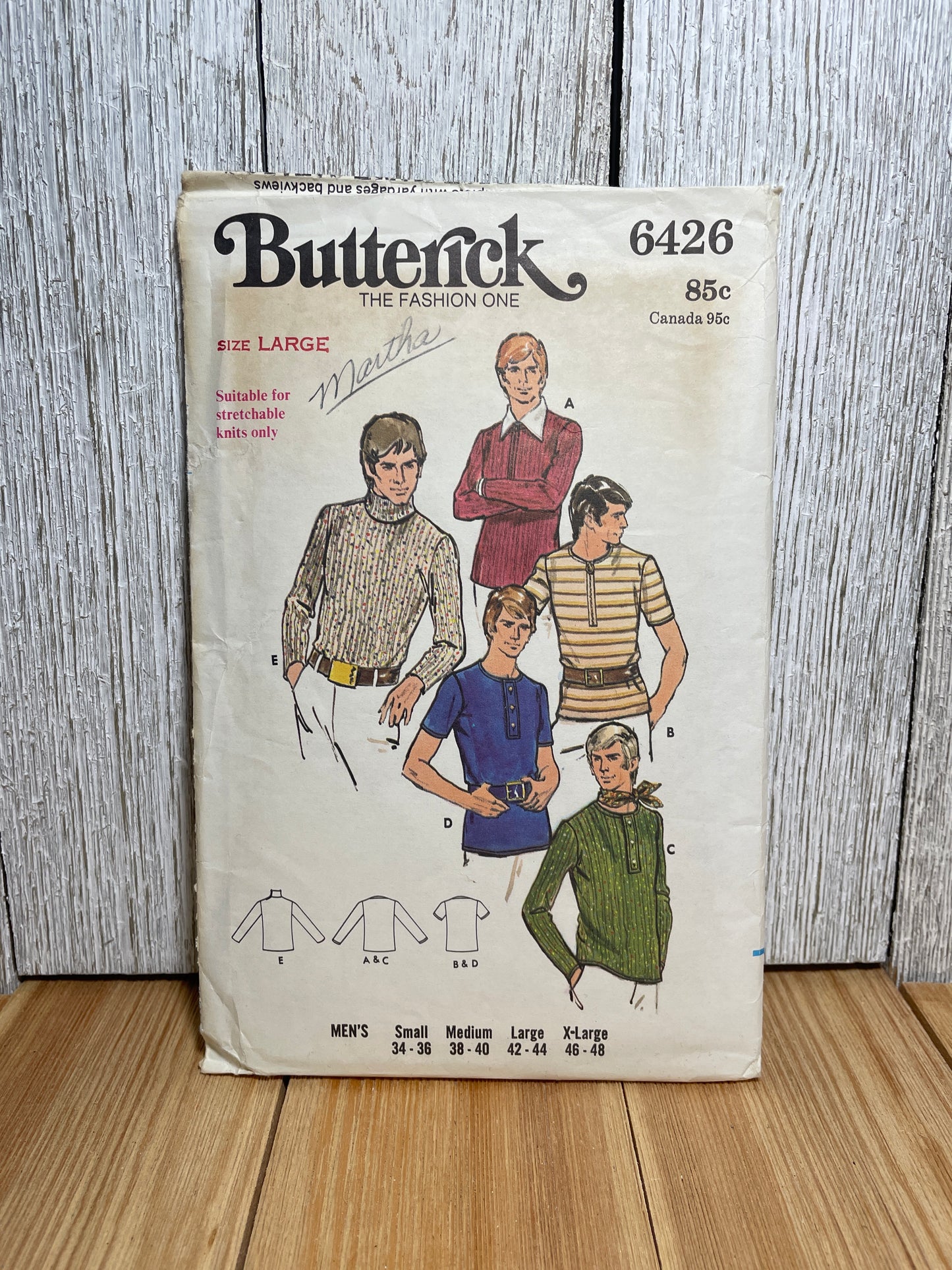 Butterick 6426 Mens Strech Knit Long Sleeve Shirt Pattern Size Large (46-48) Partially Cut Complete