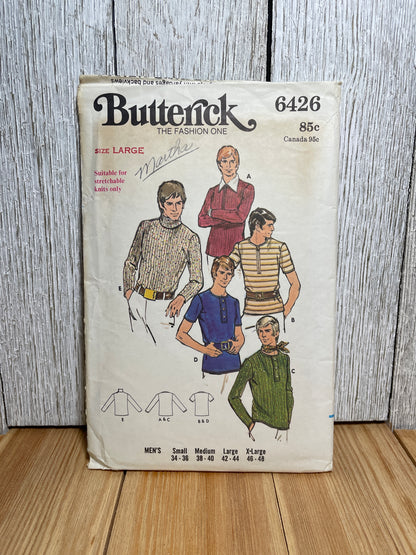 Butterick 6426 Mens Strech Knit Long Sleeve Shirt Pattern Size Large (46-48) Partially Cut Complete