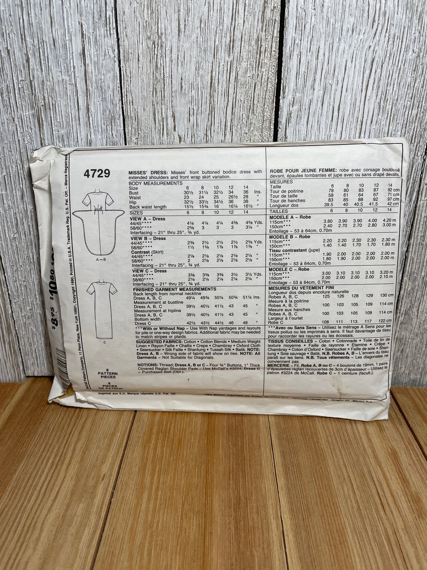 McCall's 4729 Buttoned Bodice Dress Wrap Style Skirt Dress Size 10 Pattern Uncut FF