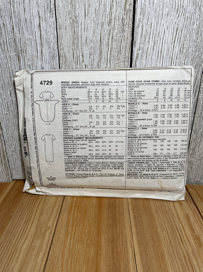 McCall's 4729 Buttoned Bodice Dress Wrap Style Skirt Dress Size 10 Pattern Uncut FF