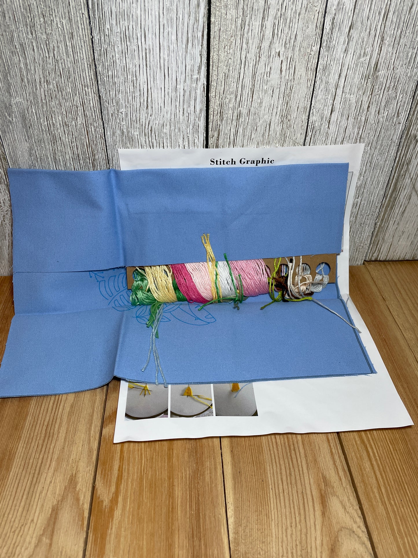 Embroidery Kit Pink Flamingo and Flowers On Blue Fabric