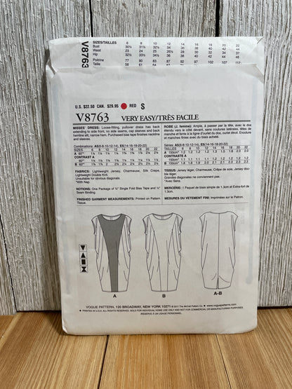 Vogue V8763 Loose Fitting Gathered Pullover Dress Size 6-14 Pattern UNCUT FF